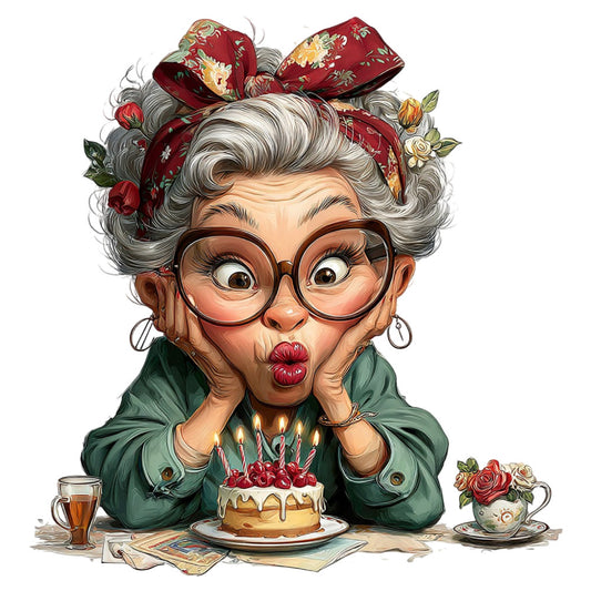 grandmother portrait, whimsical, vintage, retro, floral bow, gray hair, eyeglasses, birthday cake, celebration, portrait illustration, charming character, forest green, cream, burgundy red, gold accents, teacup, flowers, humorous, folk art, traditional, nostalgic, quirky, friendly face, decorative bow, roses, cozy, storybook style, character fabric, whimsy, playful