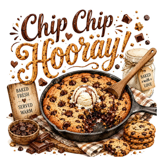 chocolate chip cookie, skillet cookie, baked goods, dessert, food themed, brown, tan, cream, chocolate brown, butter yellow, rustic, vintage, farmhouse, whimsical, hearts, chocolate chips, cookies, mason jar, wooden spoon, cast iron skillet, kitchen decor, bakery theme, comfort food, warm tones, sweet treats, homemade, baked with love, kitchen textile, novelty print, americana