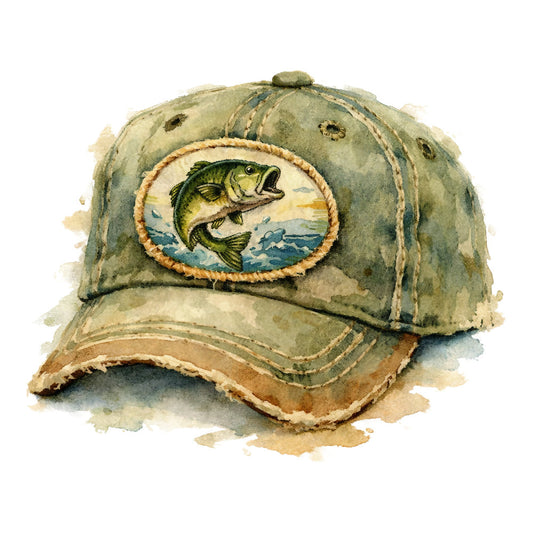 fishing hat, bass, fish, green, olive, tan, brown, cream, vintage, rustic, nautical, outdoor, sports, hobby, weathered, distressed, embroidered, whimsical, casual, lodge style, cabin, men's, summer, water, nature, wildlife, detailed illustration, americana, retro