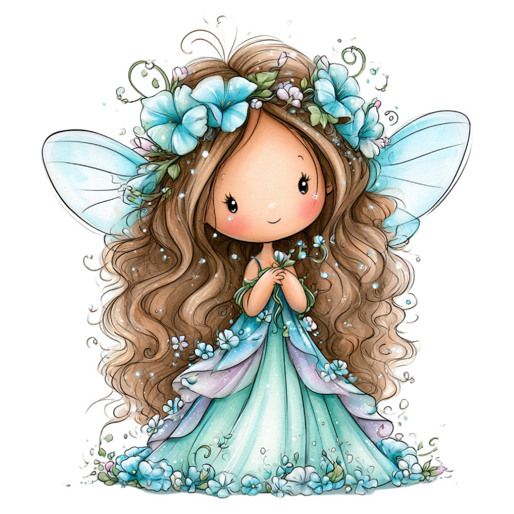 fairy, whimsical, wings, turquoise, blue, green, purple, lavender, brown, tan, floral, flowers, nature, fantasy, magical, girl, child, celestial, spring, summer, delicate, dreamy, sweet, cute, botanical, flower crown, angel wings, pastel, soft colors, storybook
