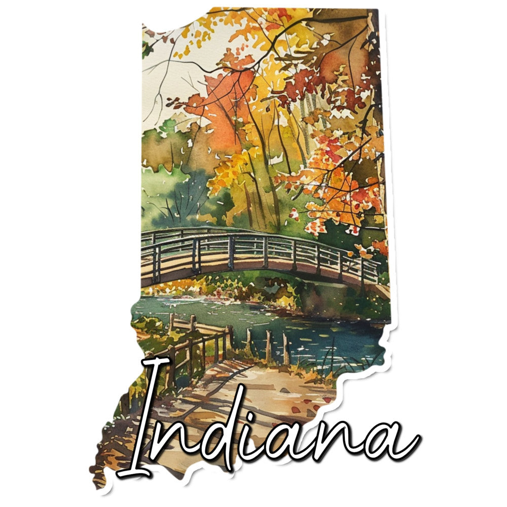 autumn, fall foliage, landscape, scenic, bridge, nature, trees, leaves, golden yellow, orange, rust, olive green, cream, tan, beige, water, stream, park scene, peaceful, tranquil, state silhouette, indiana, vintage, traditional, rustic, travel, americana, scenic landscape, seasonal, earth tones