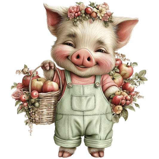 cute pig, farm animal, floral, apples, basket, cream, ivory, sage green, dusty rose, coral pink, rustic, whimsical, farmhouse, vintage, spring, summer, harvest, pastoral, adorable, character, novelty, nature, botanical, flowers, roses, folk art, cottage core, country style, animal character, cheerful