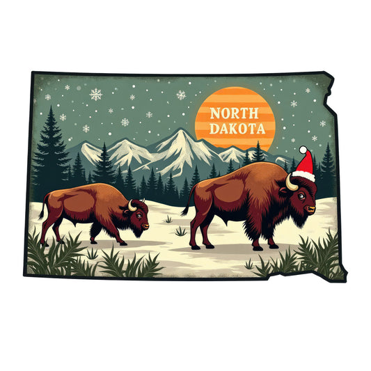 Christmas US States Fabric Panel 17 featuring North Dakota with buffalo wearing Santa hat in snowy mountain landscape