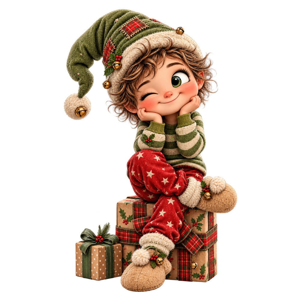 christmas elf, holiday, festive, whimsical, cute character, green and red, cream, beige, forest green, red, gold accents, plaid, polka dots, holly, bells, stars, vintage style, traditional, playful, children's, decorative panel, wall hanging, christmas stocking, seasonal, gift giving, jingle bells, cheerful, nostalgic, retro christmas