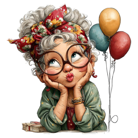 whimsical, vintage, grandmother, playful, floral headwrap, red florals, sage green, golden yellow, dusty rose, burgundy, teal blue, character illustration, quirky, retro, balloons, celebration, cheerful, folk art style, charming, cozy, nostalgic, fun print, decorative panel, wall art, mixed media, artistic, feminine, humorous, birthday theme, festive