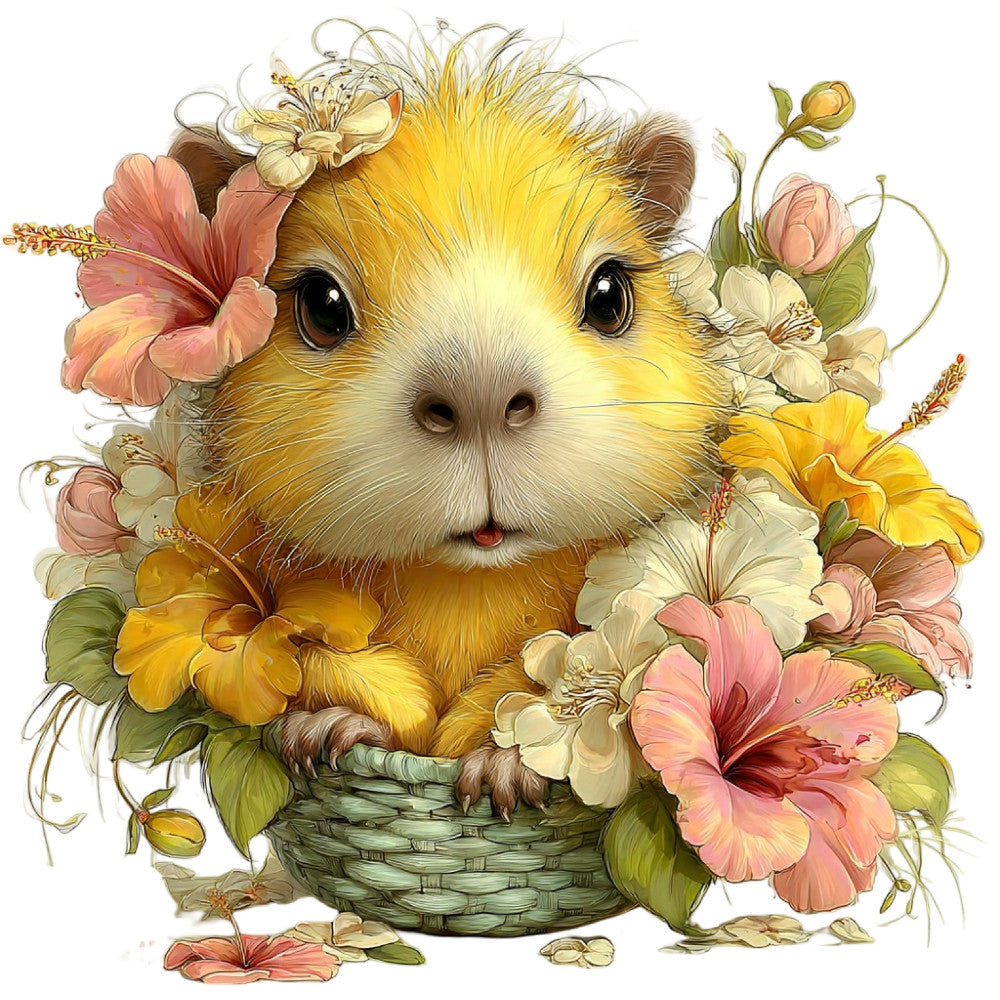 golden yellow, cream white, dusty rose, coral pink, sage green, soft yellow, guinea pig, cute animals, floral, hibiscus, flowers, botanical, whimsical, spring, summer, nature, garden, pastel colors, sweet, adorable, children, baby, playful, cheerful, illustration, watercolor, basket, blooming, cottage core, gentle