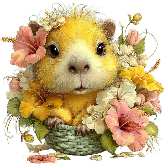 golden yellow, cream white, dusty rose, coral pink, sage green, soft yellow, guinea pig, cute animals, floral, hibiscus, flowers, botanical, whimsical, spring, summer, nature, garden, pastel colors, sweet, adorable, children, baby, playful, cheerful, illustration, watercolor, basket, blooming, cottage core, gentle