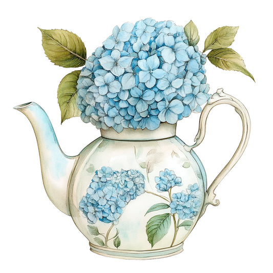 light blue, pale blue, sky blue, cream, ivory, soft green, sage green, botanical, floral, hydrangea, flowers, vintage, elegant, traditional, nature, spring, summer, teapot, porcelain, delicate, garden, cottage style, classic, timeless, botanical illustration, leaves, soft colors, pastel, romantic, tea time