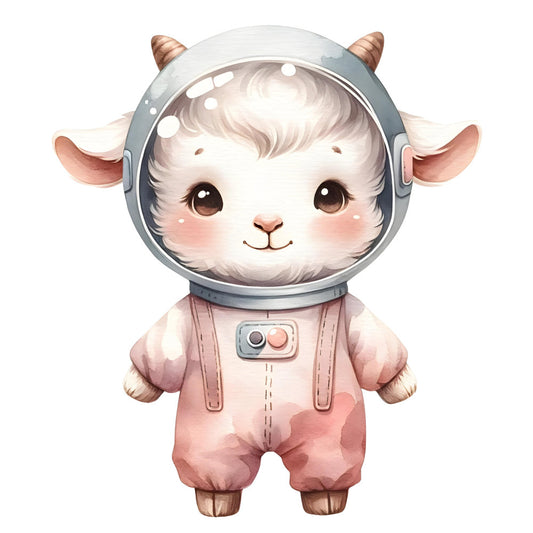 space goat, astronaut goat, cute goat, whimsical animals, pastel pink, dusty rose, soft gray, cream white, copper bronze, animal characters, space theme, celestial, sci-fi, children's fabric, baby quilt, nursery decor, adorable creatures, fantasy animals, illustration style, kawaii, sweet characters, modern whimsical, playful design, gender neutral, animal lovers, space exploration, helmet, spaceman, cute faces, soft palette