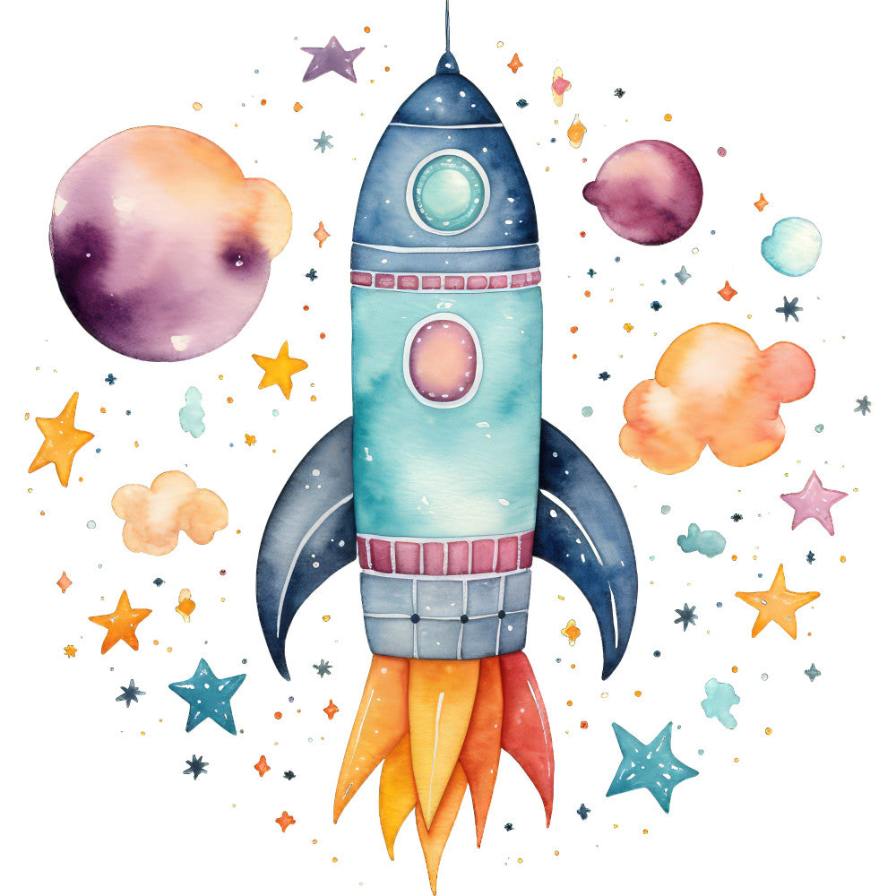 space rocket, celestial, stars, planets, whimsical, children's, nursery, baby, navy blue, turquoise, coral, orange, yellow, purple, pink, clouds, space theme, adventure, exploration, modern, playful, colorful, outer space, geometric, novelty, boy, girl, panel design, wall hanging