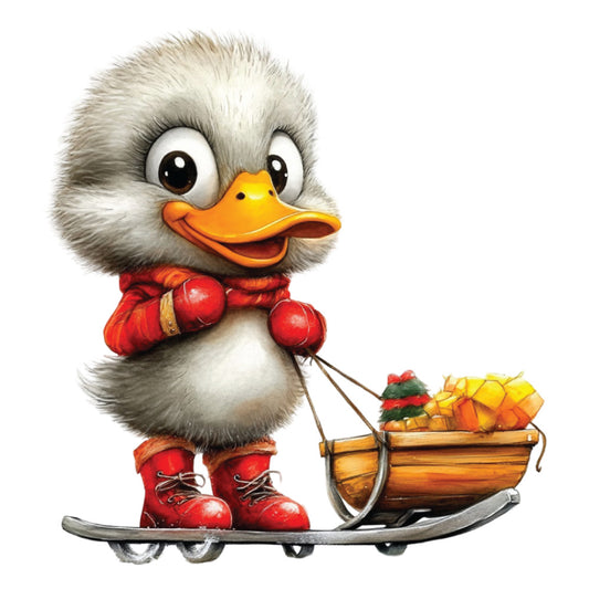 duck, duckling, winter clothing, red coat, red boots, wooden sled, christmas gifts, gray fur, orange beak, whimsical illustration, fabric panel, quilting cotton, winter scene, holiday theme, cute animal, children's fabric, festive colors, yellow presents, charming character, seasonal design
