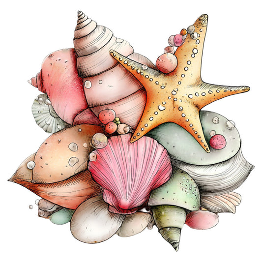 seashell, starfish, ocean, nautical, coastal, beach, sea creatures, coral pink, dusty rose, golden yellow, sage green, soft blue, cream, tan, whimsical, illustrative, watercolor, sea life, marine, summer, coastal decor, wall hanging, children's, playful, artistic, hand-drawn, nature-inspired, seaside, tropical