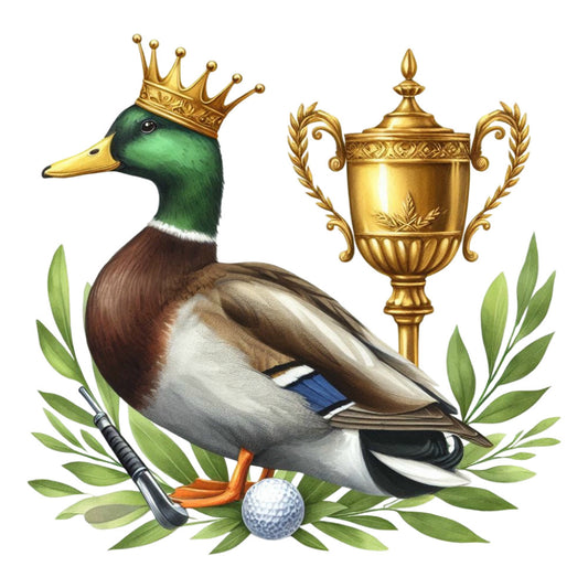 mallard duck, gold trophy, golf ball, emerald green, forest green, cream, white, navy blue, orange, nature, animals, birds, sports, golf, elegant, vintage, whimsical, luxury, laurel leaves, ornate, decorative, traditional, botanical, athletic, champion, crown, prestige, green foliage, brown, tan