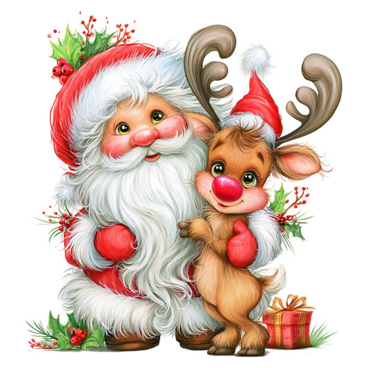 santa claus, reindeer, christmas, holiday, festive, whimsical, cute, red and white, cream, brown, forest green, holly, berries, gift, present, vintage, traditional, nostalgic, children, kids, winter, seasonal, cheerful, jolly, decorative, character panel, nursery, illustrated
