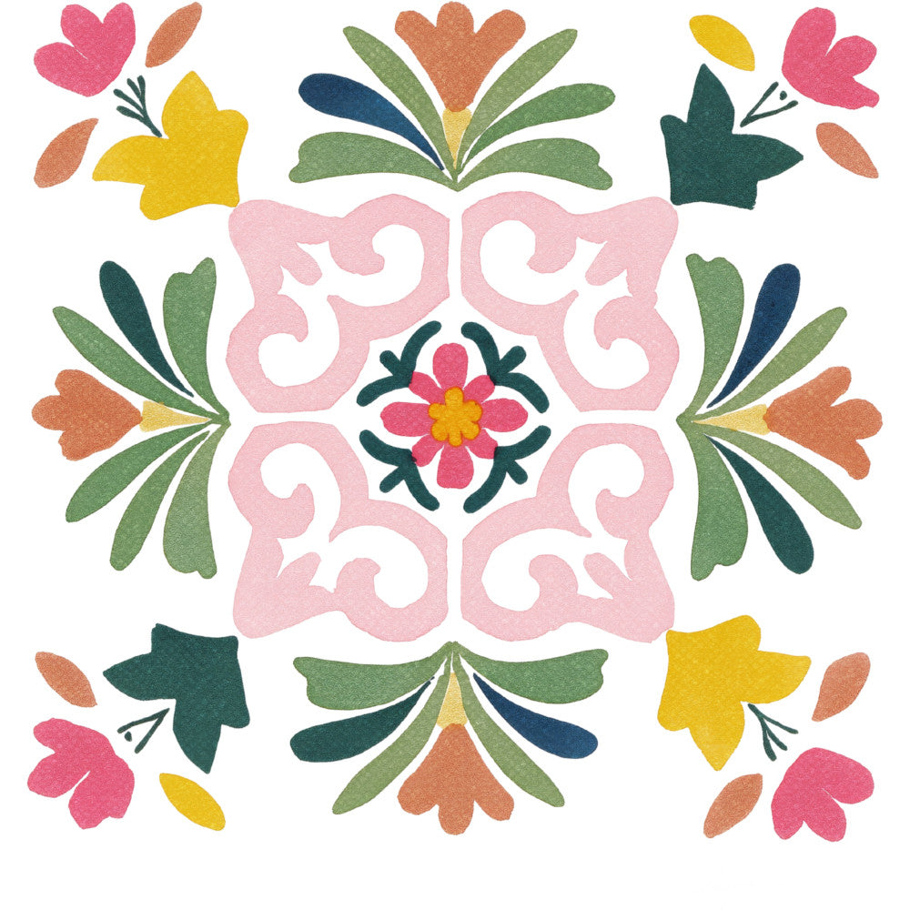 floral, geometric, symmetrical, folk art, botanical, spring, summer, coral pink, dusty rose, forest green, sage green, navy blue, golden yellow, heart motifs, flower motifs, leaf motifs, nature-inspired, whimsical, traditional, bohemian, decorative, ornamental, vibrant, colorful, quilt panel, wall hanging, home decor, vintage inspired, cheerful, medallion pattern