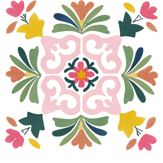 floral, geometric, symmetrical, folk art, botanical, spring, summer, coral pink, dusty rose, forest green, sage green, navy blue, golden yellow, heart motifs, flower motifs, leaf motifs, nature-inspired, whimsical, traditional, bohemian, decorative, ornamental, vibrant, colorful, quilt panel, wall hanging, home decor, vintage inspired, cheerful, medallion pattern