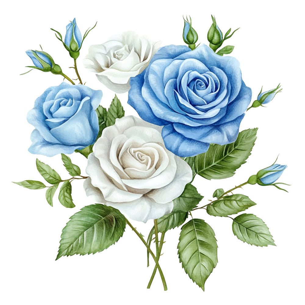 blue roses, white roses, sky blue, periwinkle blue, cream white, sage green, floral, botanical, roses, buds, leaves, elegant, vintage, romantic, classic, garden flowers, nature, spring, summer, traditional, timeless, detailed illustration, watercolor style, blossoms, multi-color floral, coordinating prints, home decor, decorative panel