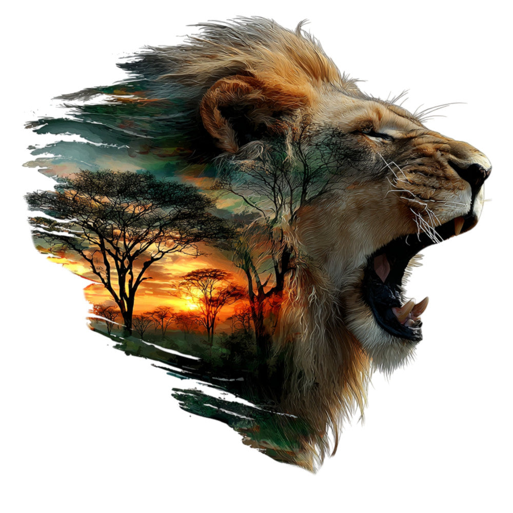 lion, wildlife, safari, african sunset, double exposure, nature, animals, golden hour, landscape, trees, acacia trees, savanna, adventure, majestic, bold, statement, dramatic, artistic, abstract, earth tones, gold, orange, burnt orange, teal, green, tan, cream, warm colors, cool colors, bohemian