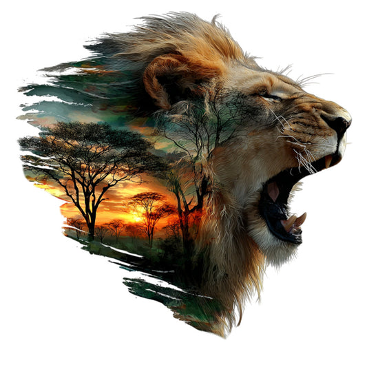 lion, wildlife, safari, african sunset, double exposure, nature, animals, golden hour, landscape, trees, acacia trees, savanna, adventure, majestic, bold, statement, dramatic, artistic, abstract, earth tones, gold, orange, burnt orange, teal, green, tan, cream, warm colors, cool colors, bohemian