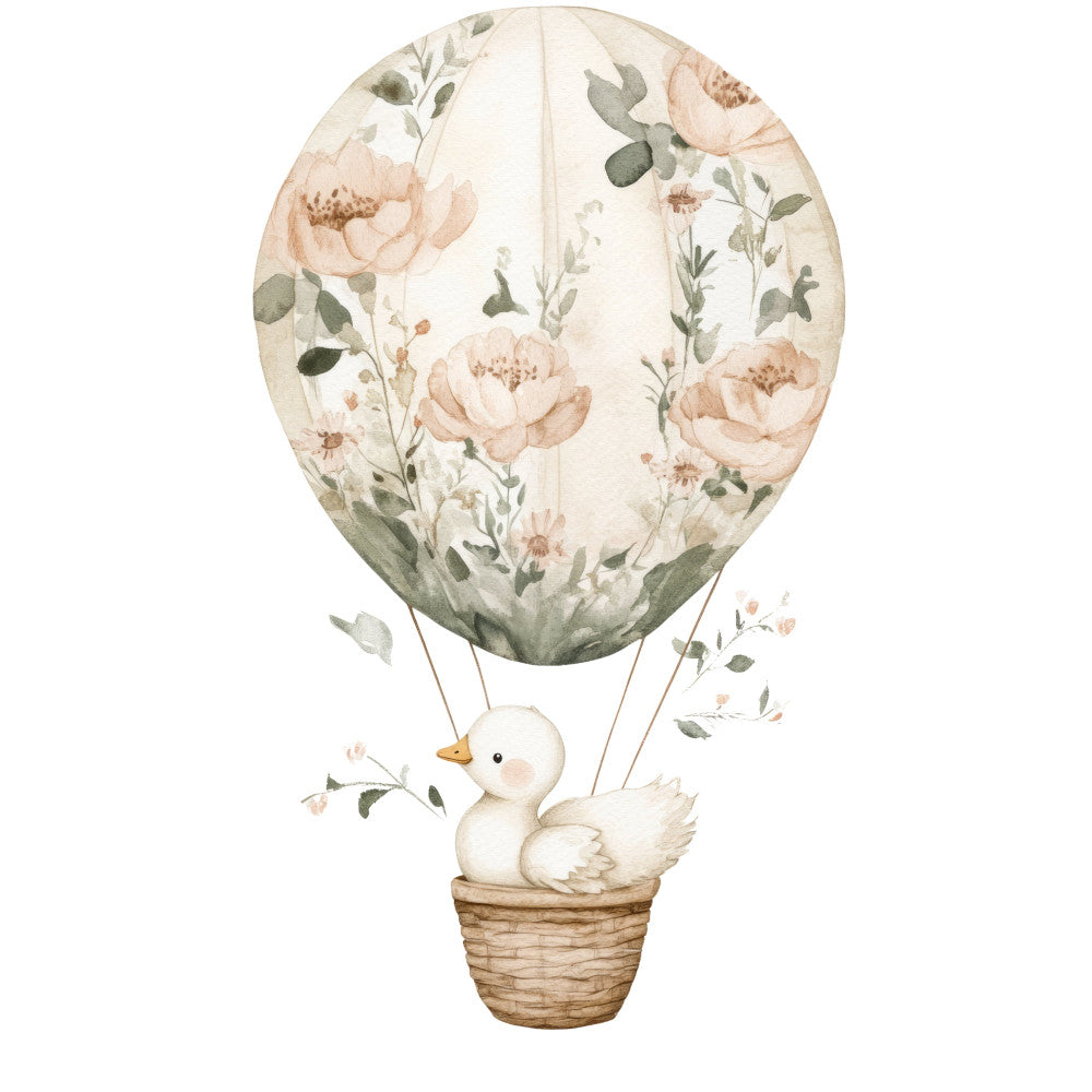 peach floral, blush pink, cream, sage green, dusty green, watercolor flowers, hot air balloon, whimsical, vintage, romantic, baby nursery, children's design, nature theme, garden flowers, roses, botanical, spring, pastel colors, delicate florals, storybook illustration, sweet, gentle, soft colors, animal theme, bird, basket, flying, dreams, adventure, nursey decor