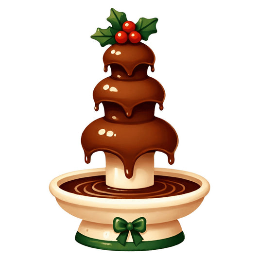 chocolate brown, cream, forest green, red, holiday, christmas, festive, whimsical, sweet, dessert, chocolate fountain, candy, treats, decorative, elegant, traditional, holly, berries, bow, winter, celebration, gourmet, luxe, playful, food themed, fun, cheerful, dimensional, tiered
