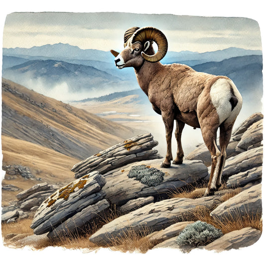 bighorn sheep, mountain landscape, brown wool tones, rocky terrain, layered mountains, wildlife art, nature scene, fabric panel, quilting cotton, watercolor style, earth tones, stone outcroppings, curved horns, mountainous backdrop, realistic illustration, outdoor wilderness, natural habitat, golden browns, muted blues, serene atmosphere