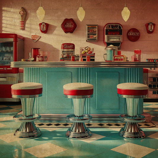 retro diner, turquoise, red, cream, vintage, 1950s, mid-century modern, retro kitchen, geometric, diner aesthetic, nostalgic, americana, chrome, checkered floor, soda fountain, diner stools, whimsical, playful, kitchen decor, wall hanging, home décor, teal, cherry red, chrome accents, retro appliances, vintage kitchen, decorative panel, novelty print, kitsch, nostalgic americana