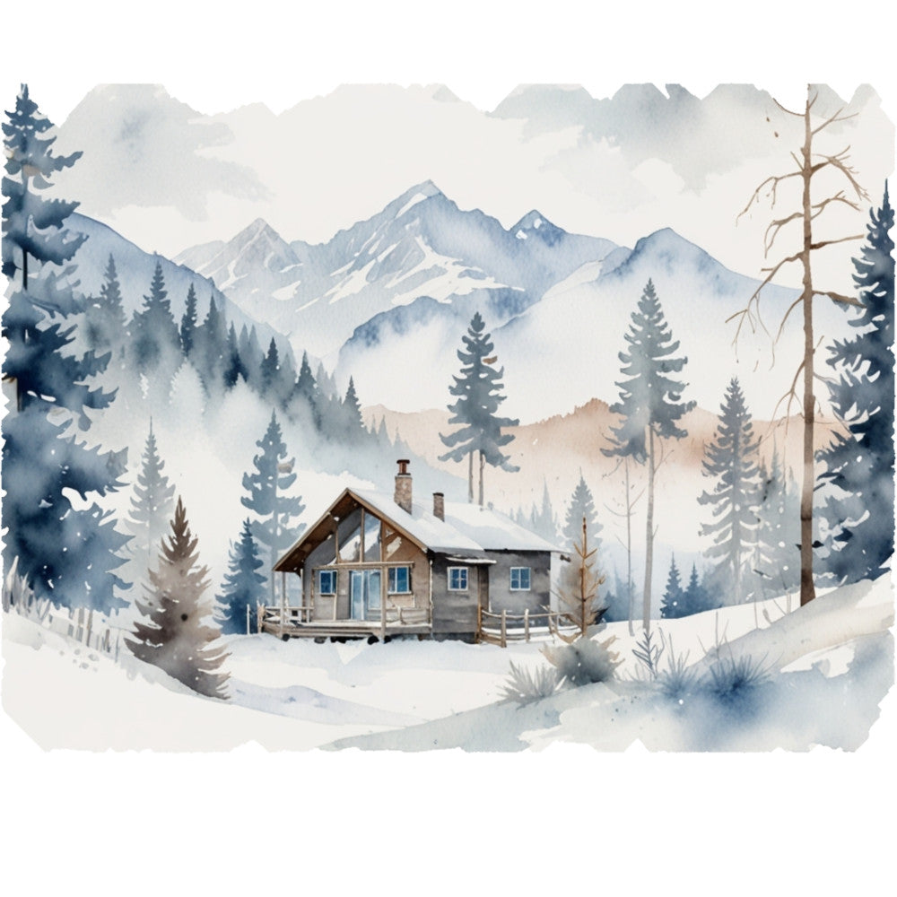 watercolor painting, winter landscape, snow-covered cabin, mountain scene, evergreen trees, blue mountains, misty atmosphere, forest setting, cozy lodge, snowy ground, pine trees, peaceful scenery, nature artwork, fabric panel, quilting cotton, winter theme, outdoor scene, rustic cabin, serene mood, alpine setting