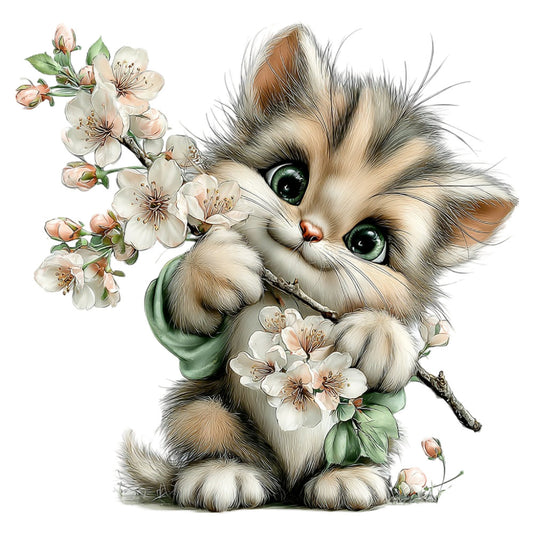 cute kitten, fluffy cat, white cat, calico cat, green eyes, spring flowers, cherry blossoms, white blossoms, peach flowers, floral, animal, whimsical, adorable, sweet, gentle, soft, pastel colors, cream white, soft brown, sage green, nature, botanical, baby quilt, children's fabric, nursery, storybook, illustration style, vintage illustration, spring season, fairy tale