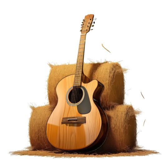 acoustic guitar, music, musician, instrument, country, western, folk, rustic, tan, cream, golden brown, wood tones, natural, hay bale, straw, farmhouse, rural, americana, vintage, retro, bohemian, artistic, creative, folk music, country living, harvest, autumn, wall art, home decor