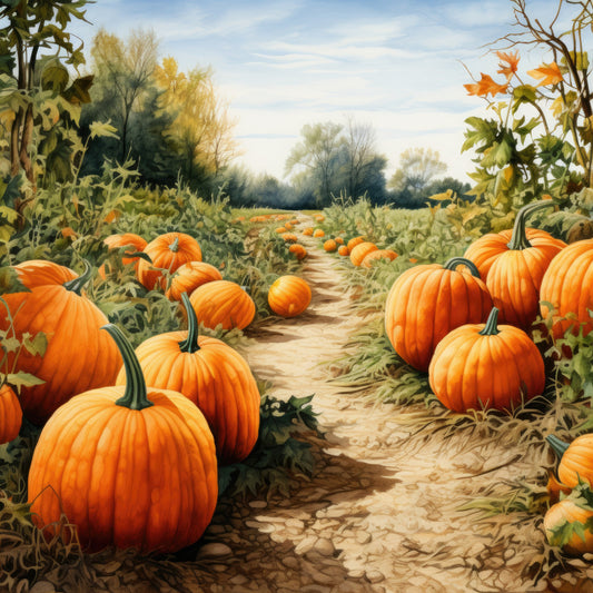 pumpkin orange, burnt orange, golden yellow, sage green, rust, autumn, fall, harvest, pumpkin patch, pumpkin field, farmhouse, rustic, nature, agricultural, countryside, seasonal, thanksgiving, halloween, orange gourds, vegetables, autumn leaves, pathway, dirt road, rural landscape, traditional, warm tones, orange and green, fall harvest scene, country living, pastoral
