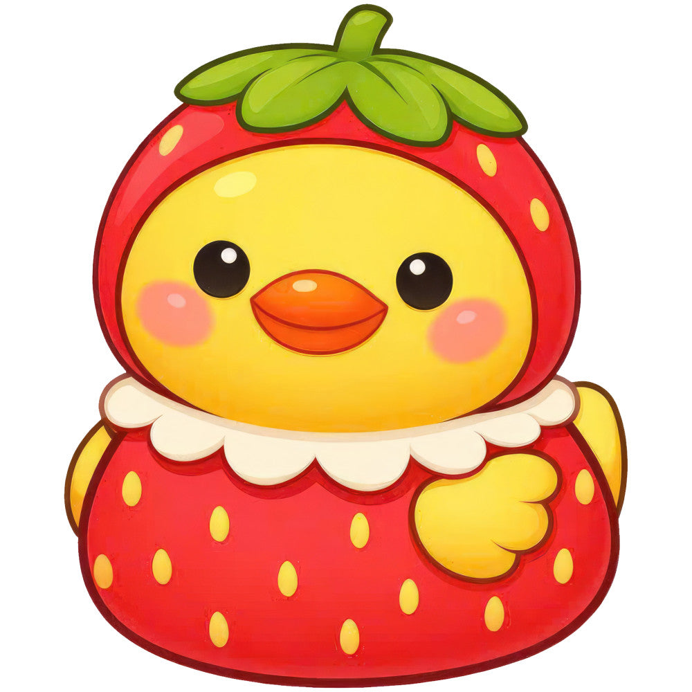 strawberry red, bright yellow, lime green, coral orange, cream white, cute chick, strawberry motif, kawaii style, whimsical, playful, children's, baby, nursery, fruit themed, spring, summer, animal character, cheerful, vibrant, folk art, pastoral, cottage core, adorable, smiling face, rosy cheeks, nature inspired, garden themed, food themed