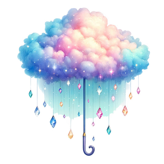 rainbow cloud, pastel colors, soft blue, blush pink, lavender purple, aqua, whimsical, dreamy, celestial, magical, sparkles, gems, crystals, rain drops, umbrella, fantasy, enchanted, fairy tale, nursery, baby, children's, hanging mobile, wall art, soft pastels, iridescent, glitter, starry, ethereal, modern whimsical