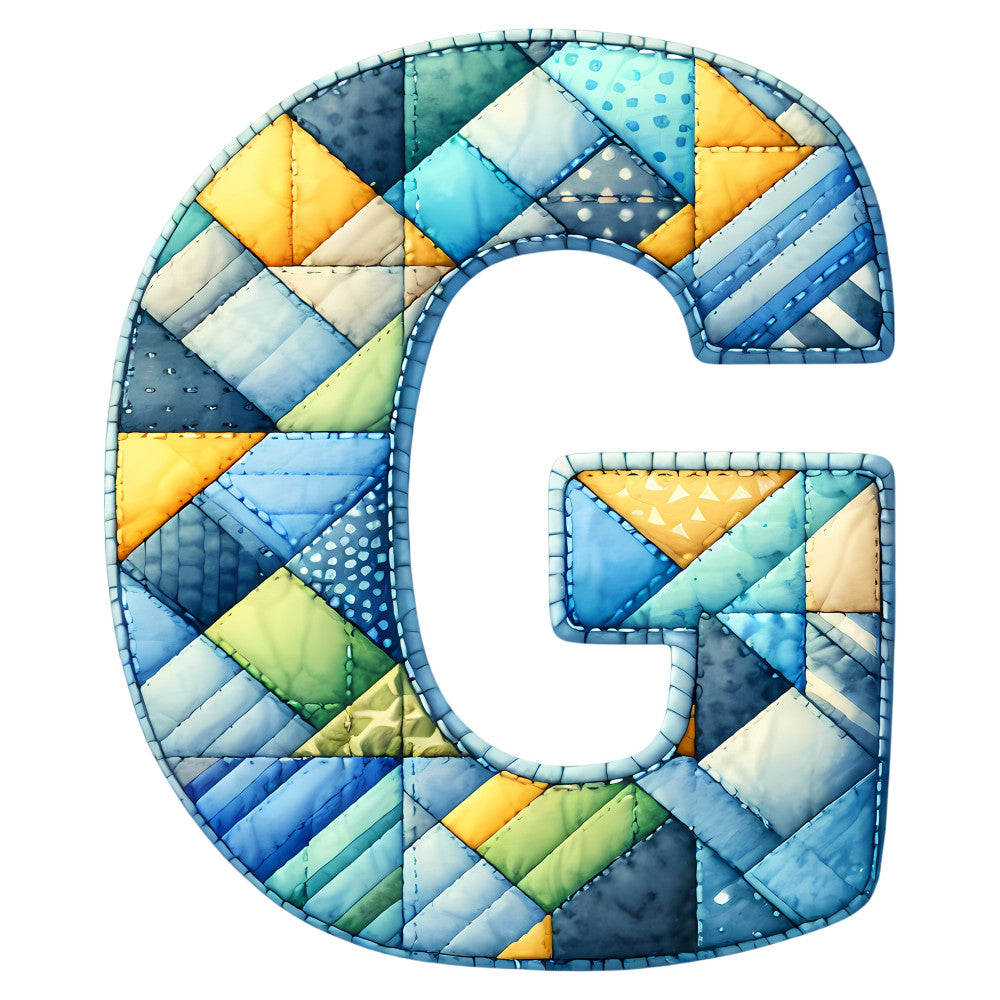 quilted letter g, patchwork, geometric, diamond pattern, yellow, blue, navy blue, turquoise, cream, light blue, sky blue, teal, chartreuse, lime green, abstract, modern, contemporary, whimsical, textured, dimensional, alphabet panel, monogram, letter panel, children's, playful, mixed patterns, polka dots, striped, wall hanging, nursery