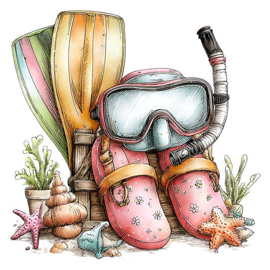 beach, ocean, nautical, snorkel gear, diving, summer, vacation, tropical, coral pink, dusty rose, tan, orange, cream, seafoam green, starfish, sea shells, seaweed, underwater, whimsical, children's, kids, playful, adventure, travel, coastal, seashore, flippers, snorkel mask, ocean life, sand