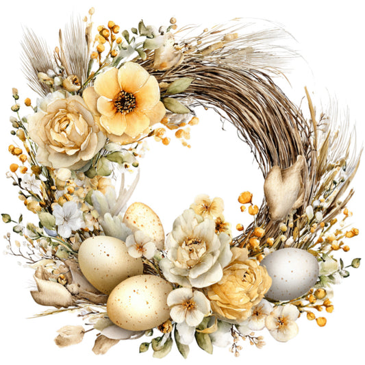 cream, beige, tan, gold, yellow, white, soft yellow, pale yellow, muted colors, floral, wreath, easter, spring, nature, botanical, vintage, rustic, elegant, farmhouse, whimsical, cottage core, eggs, birds, feathers, roses, peonies, daisies, berries, greenery, dried flowers
