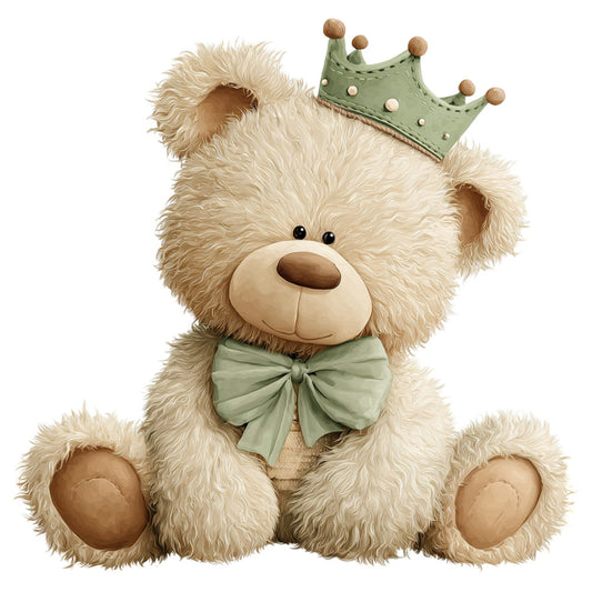 cream teddy bear, sage green, soft green, beige, tan, whimsical, cute animals, nursery, baby, children's, crown, royal, prince, princess, bow tie, gentle, sweet, charming, playful, stuffed animal, decorative panel, kids fabric, baby quilt, wall art, gender neutral, soft pastels, illustration style, storybook, fantasy, magical
