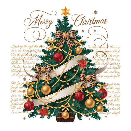 christmas tree, vintage style, gold ornaments, red baubles, leopard print bows, green pine branches, golden star, fabric panel, holiday theme, festive decorations, pearl garland, poinsettia flowers, brown trunk, cream ribbons, script text, warm colors, seasonal motif, quilting cotton, decorative panel, winter celebration