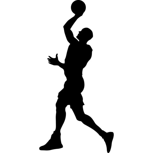 basketball player, sports silhouette, athletic silhouette, jumping player, basketball themed, sports fan, black silhouette, action pose, jumping motion, basketball fan, sports apparel, athletic wear, modern sports, contemporary sports, black and white, monochrome, high contrast, sports gifts, basketball decor, wall art, sports enthusiast, athletic design, dynamic pose, sports illustration, male athlete, basketball court, sports celebration, slam dunk, shooting motion