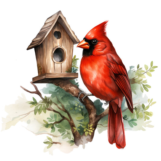 red cardinal, birdhouse, watercolor style, nature scene, bright red, orange beak, black face, wooden birdhouse, green foliage, brown branches, fabric panel, quilting cotton, bird illustration, backyard birds, spring theme, botanical elements, realistic artwork, vibrant colors, wildlife design, crafting fabric