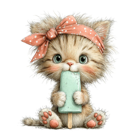 fluffy cat, cute animals, whimsical, coral pink, mint green, popsicle, ice cream, playful, children's, adorable, girl theme, polka dots, ribbon bow, large scale design, nursery, baby themed, animal illustration, sweet, charming, pastel colors, cream, soft colors, fun, decorative, summer, wall art, panel design, wildlife