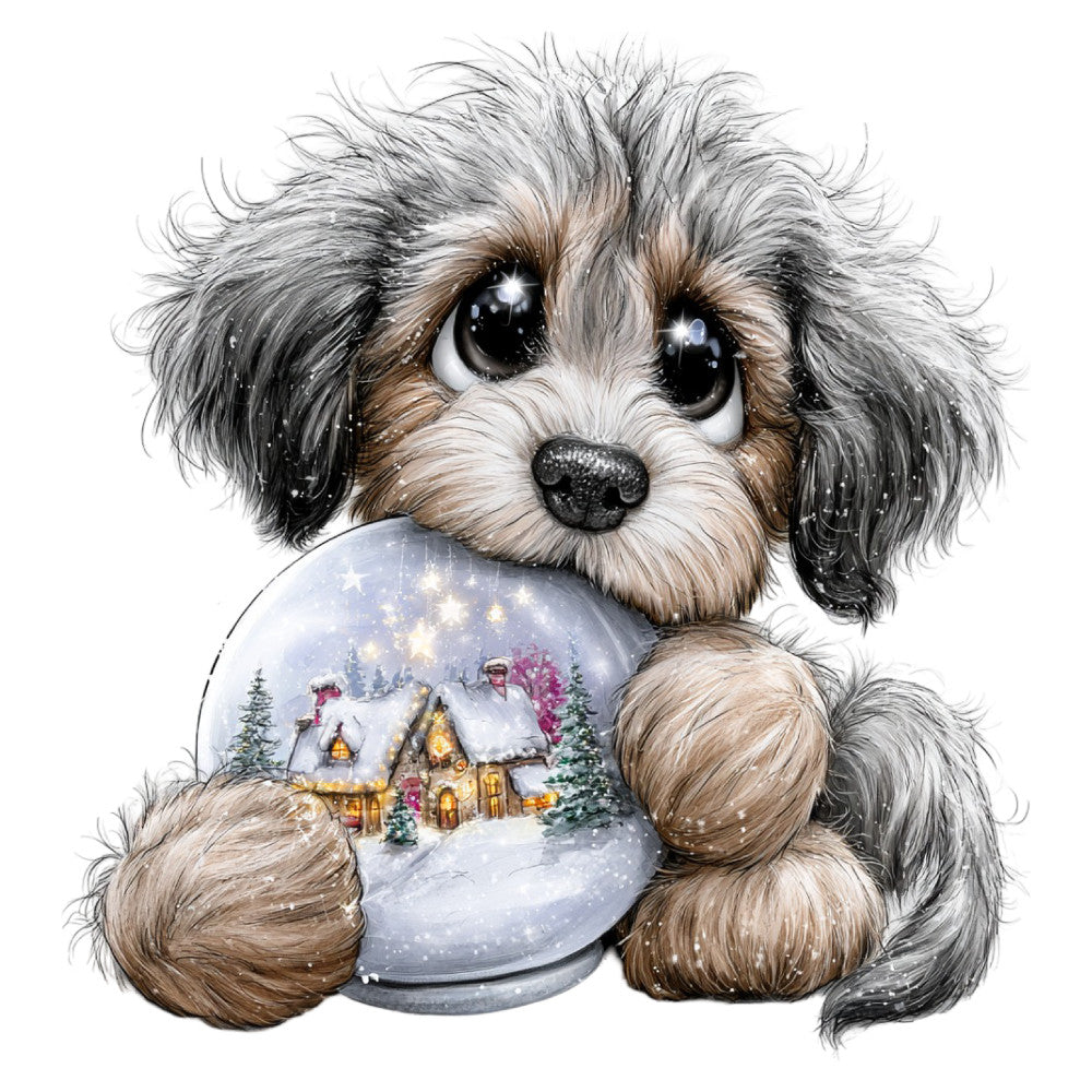 puppy, dog, shih tzu, snow globe, holiday, christmas, winter, cozy, cute, whimsical, gray, grey, white, cream, brown, tan, black, sparkly, glittery, festive, seasonal, animals, pet lover, children, baby, magical, snow scene, cottage, charming, nostalgic