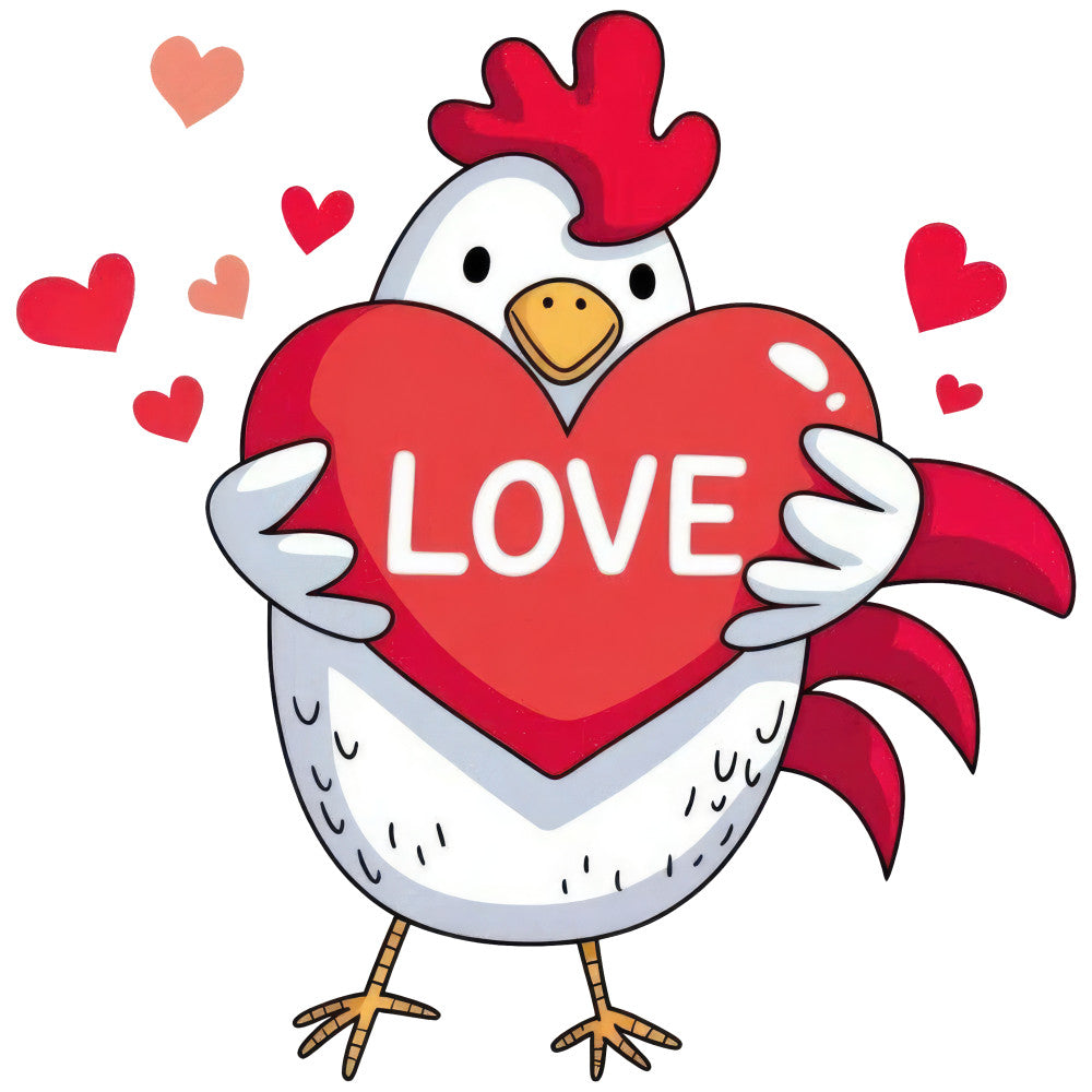 red, white, cream, coral pink, golden yellow, love, hearts, rooster, chicken, bird, whimsical, cute, valentine's day, valentine, romantic, farmhouse, country, folk art, animal motif, heart motif, love sentiment, spring, cottage core, cheerful, playful, decorative panel, wall art, children's, sweet, affectionate