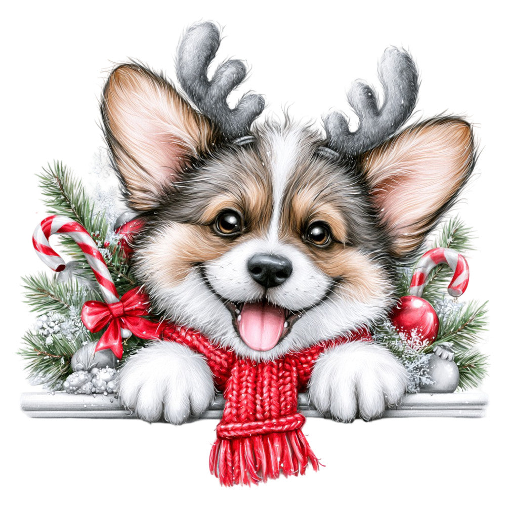 corgi, dog, holiday, christmas, festive, winter, cute animals, whimsical, playful, red, white, tan, brown, gray, candy cane, red bow, reindeer antlers, evergreen, pine branches, ornaments, silver, metallic accents, cheerful, joyful, pet lover, animal lover, christmas decoration, festive cheer, dog breed, puppy