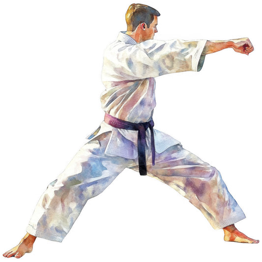 karate, martial arts, sports, watercolor, abstract, male figure, dynamic pose, kung fu, athletic, action, cream, lavender, dusty blue, mauve, sage green, rust orange, pastel, watercolor art, instructional, fitness, exercise, strength training, asian inspired, traditional, modern art, wall hanging, home decor, inspirational, wellness