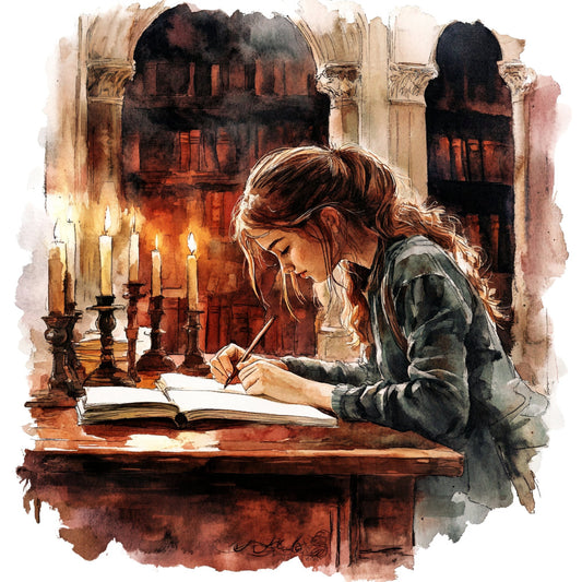 watercolor, gothic, library, reading, woman, candlelight, amber, burnt orange, deep red, burgundy, cream, warm brown, vintage, literary, romantic, elegant, moody, atmospheric, architectural, arches, candles, writing, study, contemplative, dark academia, historical, illustration, artistic, fantasy, storybook