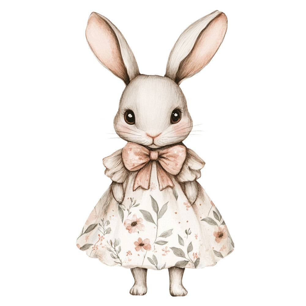 cream bunny, blush pink, sage green, taupe, soft pastels, whimsical, animal, rabbit, floral, botanical, spring, baby, nursery, children's, bow tie, dress, cute, sweet, gentle, springtime, easter, woodland, feminine, vintage inspired, girl's room, baby quilt, wall hanging, decorative panel, daisy, wildflowers