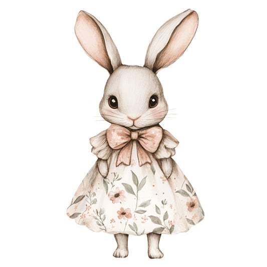cream bunny, blush pink, sage green, taupe, soft pastels, whimsical, animal, rabbit, floral, botanical, spring, baby, nursery, children's, bow tie, dress, cute, sweet, gentle, springtime, easter, woodland, feminine, vintage inspired, girl's room, baby quilt, wall hanging, decorative panel, daisy, wildflowers