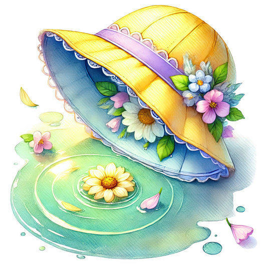 yellow hat, pastel yellow, soft blue, mint green, blush pink, white flowers, daisy, floral, whimsical, spring, garden, nature, feminine, elegant, decorative, water ripples, lace trim, scalloped edge, botanical, cottage core, dreamy, illustration, watercolor, children, baby, wall hanging, home decor