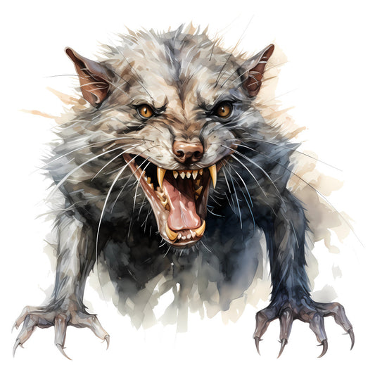 aggressive cat, animal art, angry expression, autumn tones, beige, brown, creature illustration, dark gray, evil cat, fantasy art, fierce, frightening, gritty, hissing cat, horror, menacing, metallic gold, monster cat, moody, mystical, neutral palette, pale gray, predator, scary, shadowy, sharp teeth, sinister, spooky, taupe, threatening